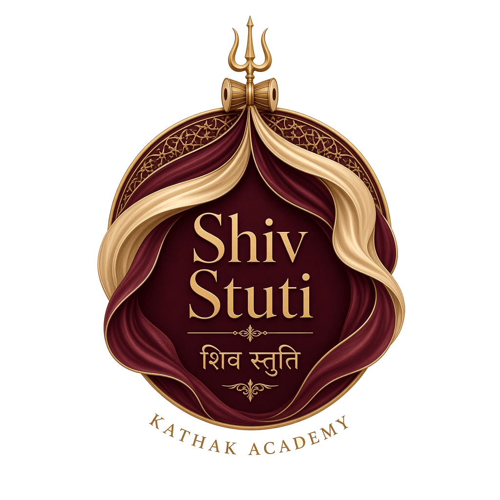 Shiv Stuti — burgundy silk medallion with gold Shiv Stuti lettering, trishul and damaru, Kathak Academy